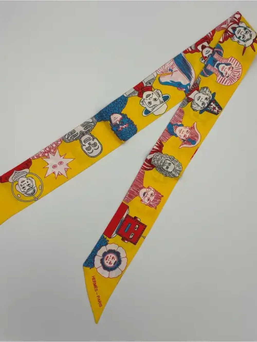 Herms Twilly Silk Scarf Sunny Yellow Fantasy Character Motif